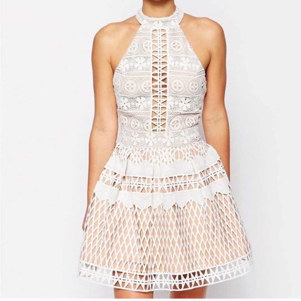 JARLO High Neck Lace Halter Crochet Mini Dress